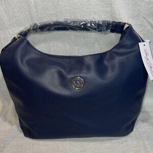 MARILYN MONROE NAVY HOBO BAG FAUX LEATHER GOLD TONE MM LOGO NEW